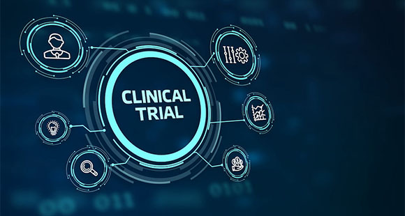 a graphic showing the words clinical trial in a circle with other circles around it with icons within each