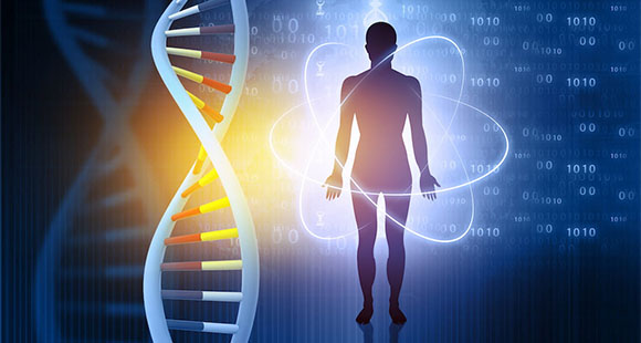 a render of a man next to a double helix DNA strand