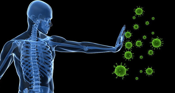 a render of a transparent person with a visible skeleton using his hand to push away viral particles