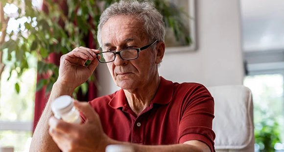 an older man wearing glasses looking at a bottle of heart medication 